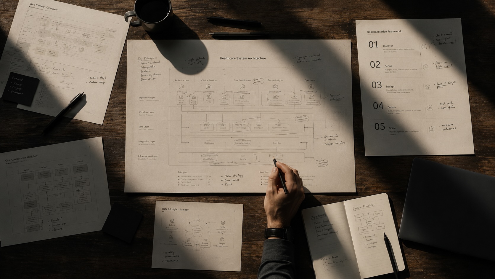 Annotated strategy documents and pen on a dark wooden desk