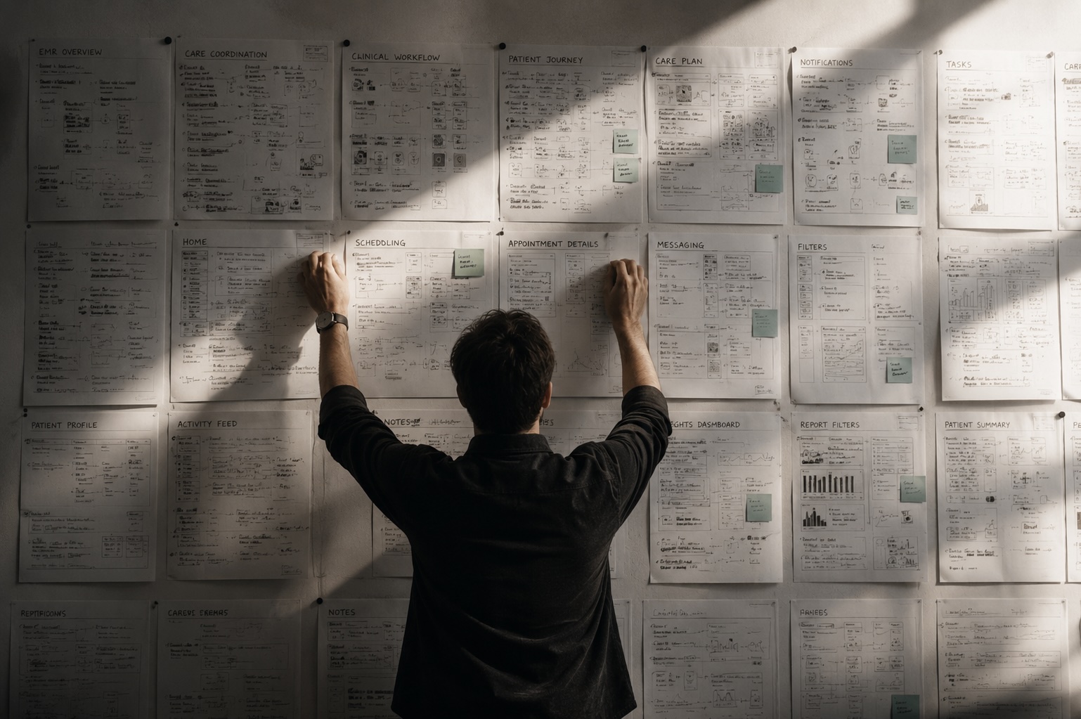 Workshop session — participants organising frameworks and sticky notes on a wall